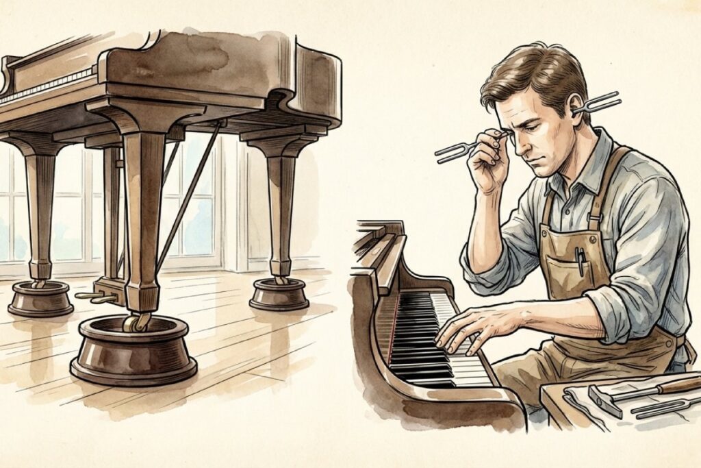 ピアノ移動後の環境変化に合わせて音程を調整する調律師の作業風景