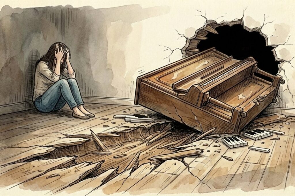 自力移動の失敗により床が破損しピアノが損傷して絶望している様子