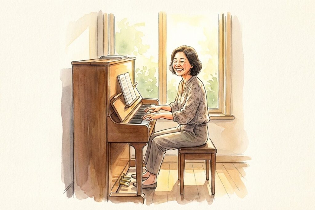 安全に室内移動が完了したピアノを明るい部屋で楽しそうに演奏する女性