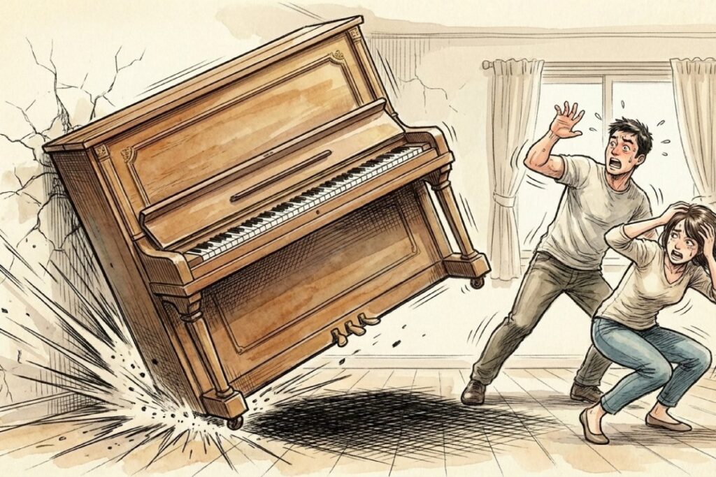 室内移動中にバランスを崩し転倒しかけているピアノと危険を感じて慌てる人々