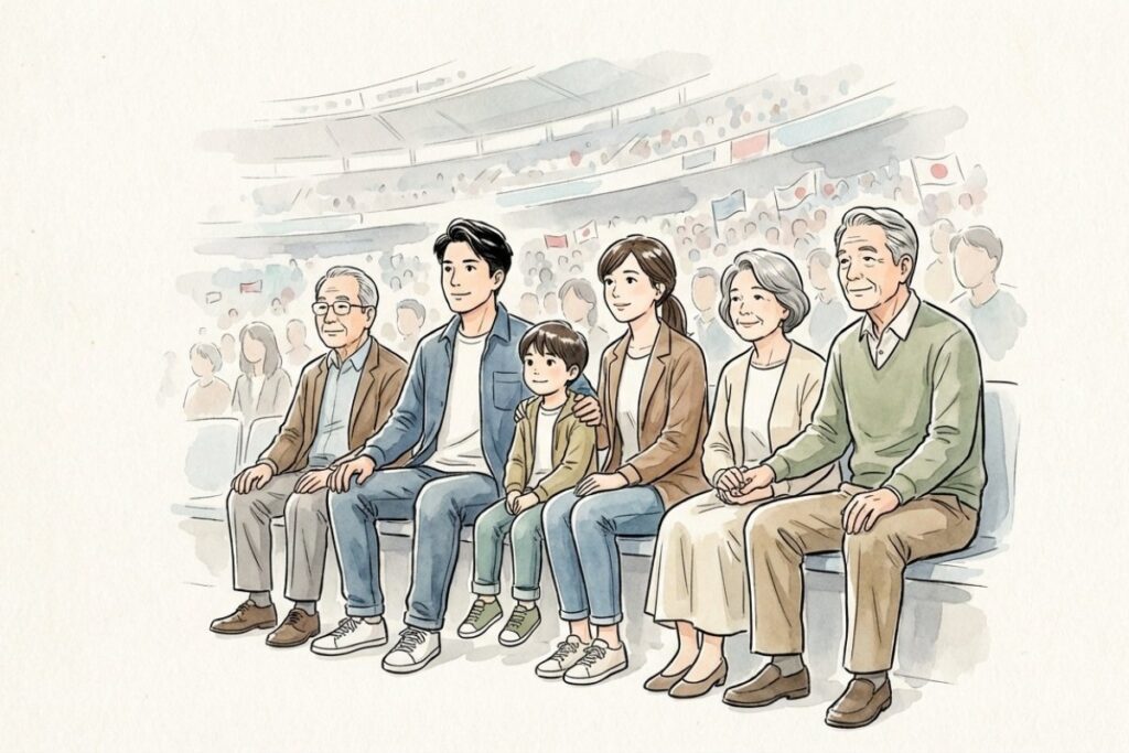 現代の穏やかな日常の中で笑顔を見せる三世代家族のイラスト