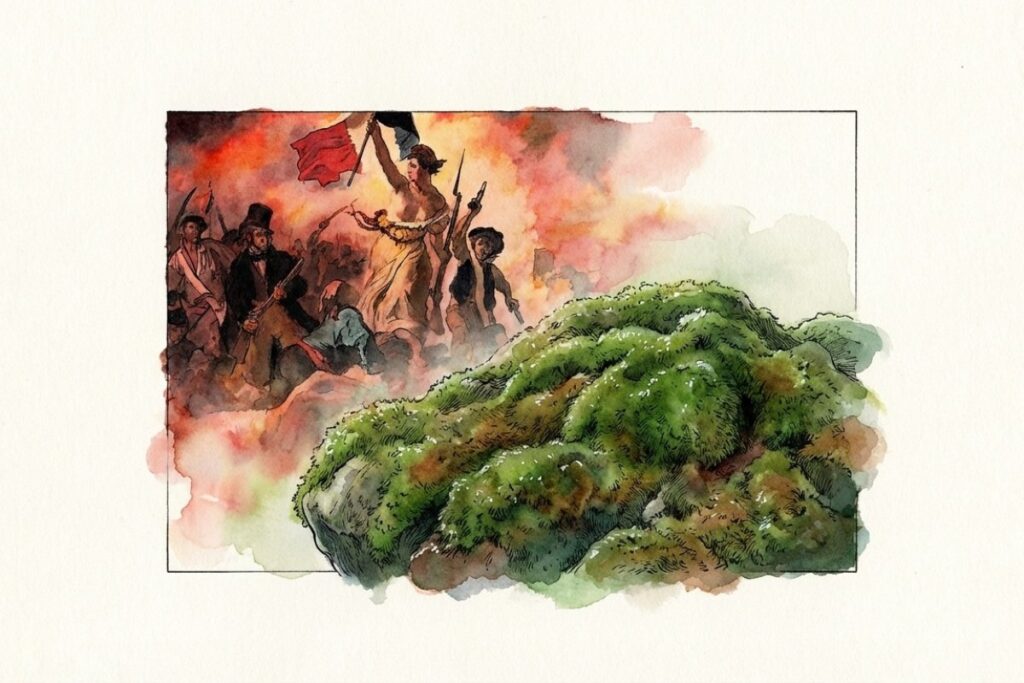 フランス革命のような戦いの絵画と日本の苔むす岩の静寂さを対比させたイメージ