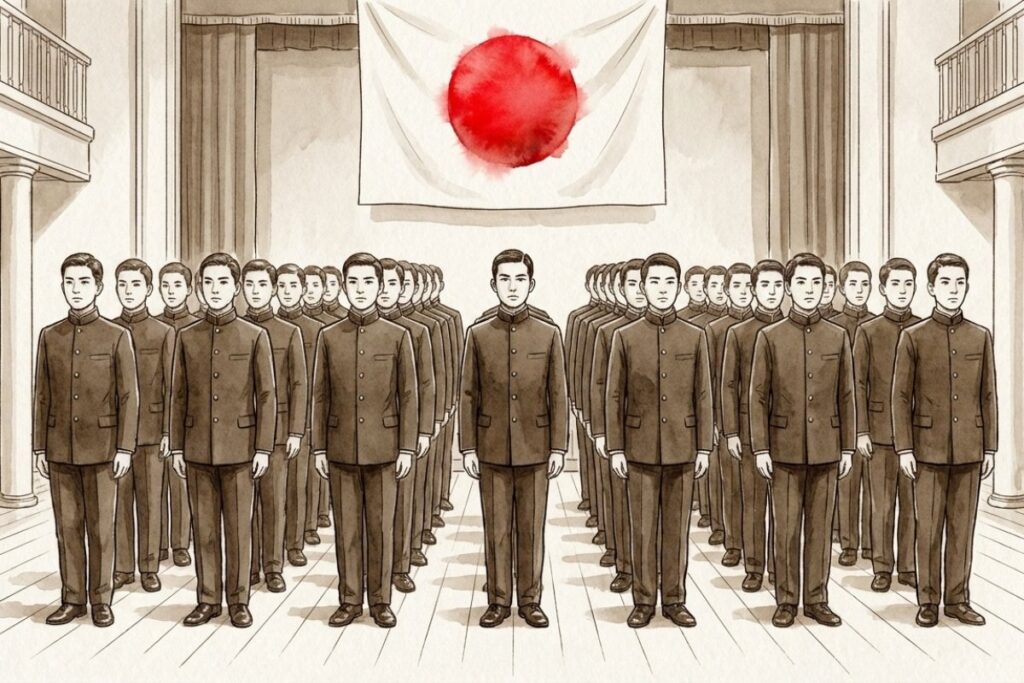 明治時代の学生たちが日の丸の旗の下で整列している学校教育の風景