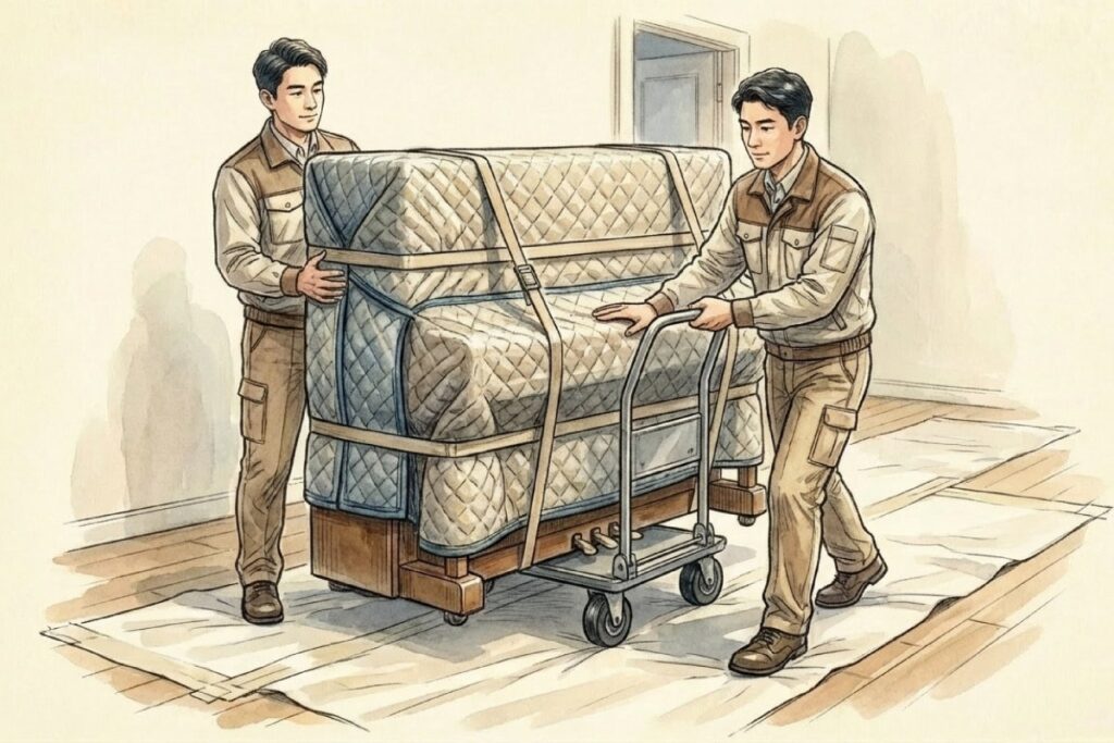 専用の梱包材と台車を使用し慎重にピアノを室内移動させる専門業者の作業風景