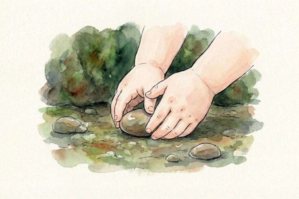 君が代の歌詞にある「さざれ石（小さな石）」を両手で大切に持っている様子