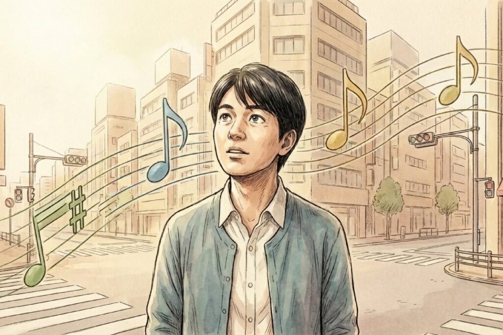 日常の風景の中に音楽や音符を感じ取っているピアノ経験者のイメージイラスト