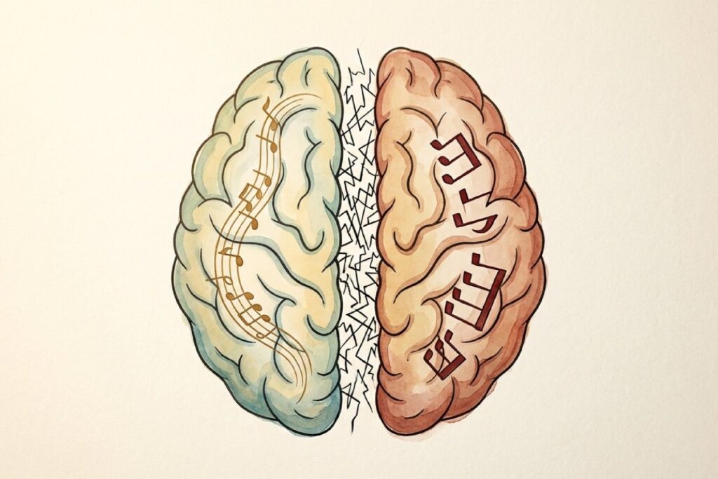 音楽的な右脳と論理的な左脳の機能を表現した脳の断面図イラスト