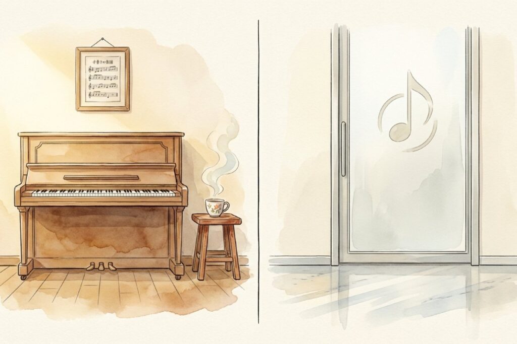 部屋に置かれたアップライトピアノと湯気の立つカップ、右側に音符マークのある教室入口を描いた対比図。個人教室と大手教室で、お礼の受け取り可否や対応が分かれやすい点に触れられる場面。