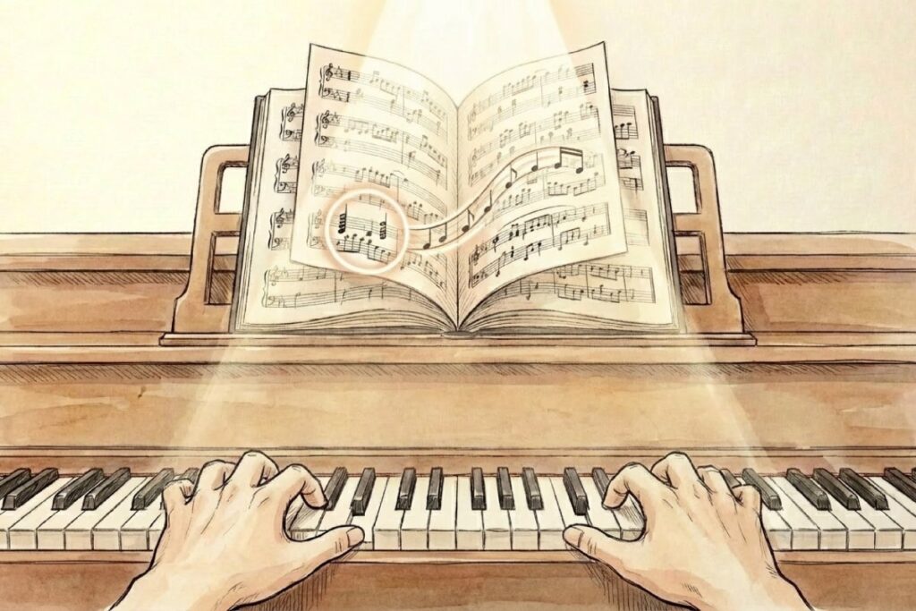 ピアノ演奏中に楽譜の先読み（アイ・ハンド・スパン）を行っている視点のイメージ