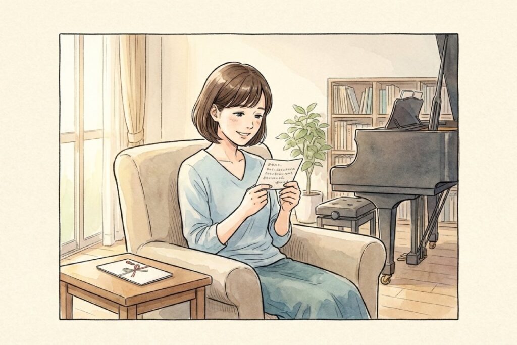 ソファに座る先生がメッセージカードを読み、テーブルに包みが置かれ、奥にピアノがある室内。感謝が伝わる手紙の書き方や、短いメッセージを添える場面を描いたイラスト。