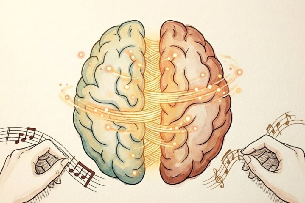 ピアノ演奏時の脳内イメージ、左右の脳をつなぐ脳梁による情報伝達と両手協調運動