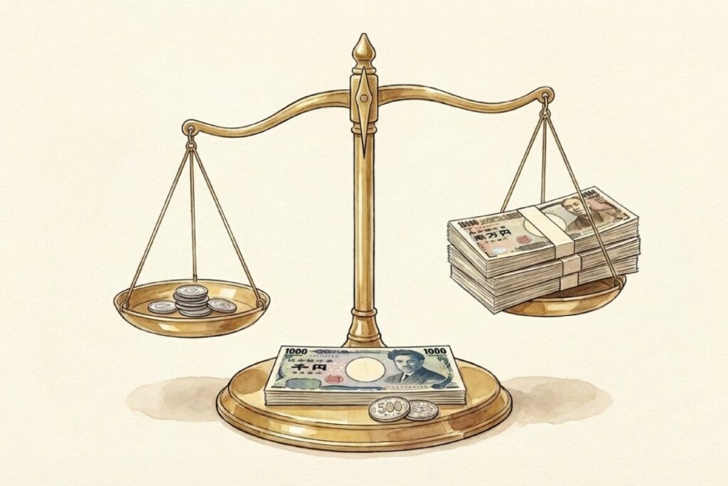 天秤の左右に小銭と札束が載り、手前に紙幣が置かれた図で金額の幅を表現。先生へのお礼の相場や予算を考える際に、少額から多めまでの一般的な目安を俯瞰できるイメージ。