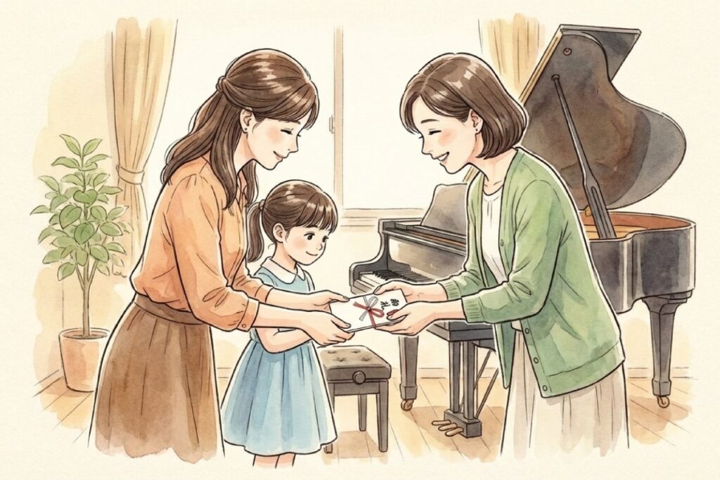 保護者が先生に包みを手渡し、子どもが横で見守るレッスン室の場面で、奥にグランドピアノが置かれている。先生に喜ばれやすいお菓子などの品物を選び、負担にならない形で渡すイメージ。