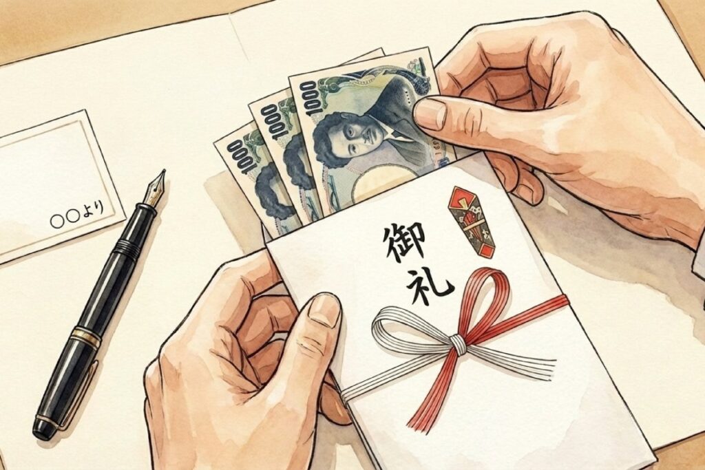 紅白の水引が付いた「御礼」ののし袋に紙幣を入れる手元と、横に置かれたペンや「○○より」のカード。のし袋の選び方や表書きに加え、誰からのお礼か分かるよう名前を書く流れを連想できる場面。