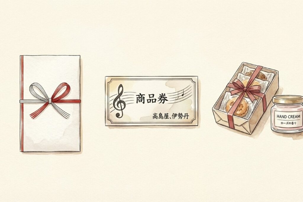 のし袋、商品券、焼き菓子の箱、ハンドクリームが並ぶイラストで、贈り物の候補を一枚に整理。ピアノ発表会の先生へ渡すお礼として、現金以外の品選びや手紙の添え方に触れられる構成。