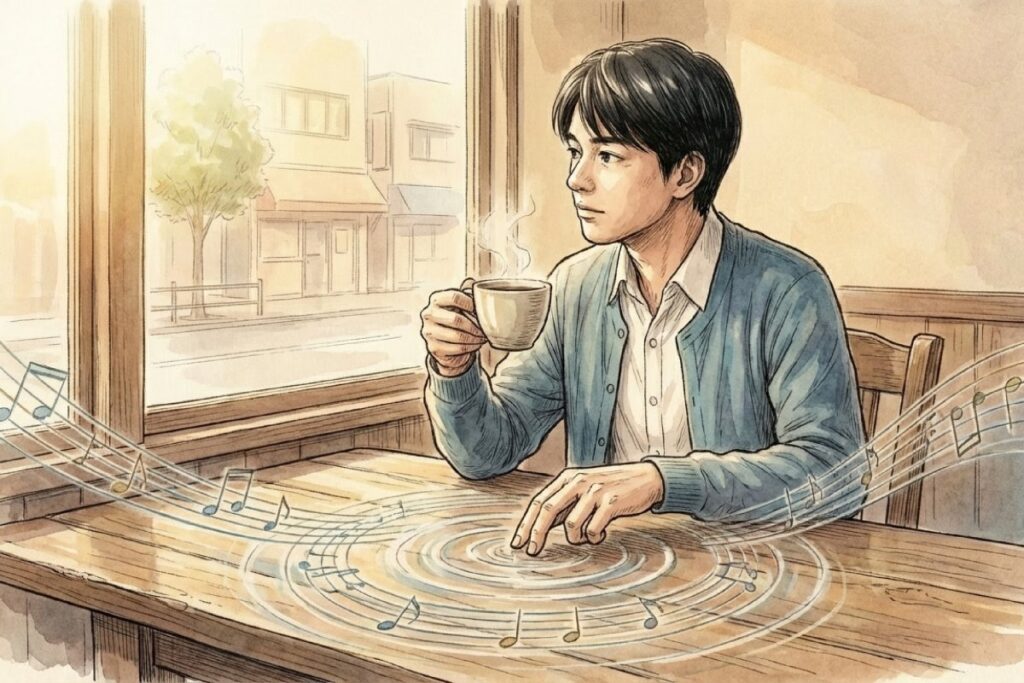 カフェでリラックスしながら無意識に机の上で指を動かすエアピアノの様子