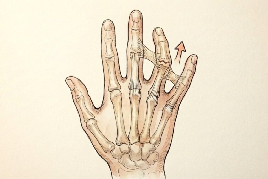 手の解剖図イラスト、薬指が独立して動かない原因となる腱間結合の構造