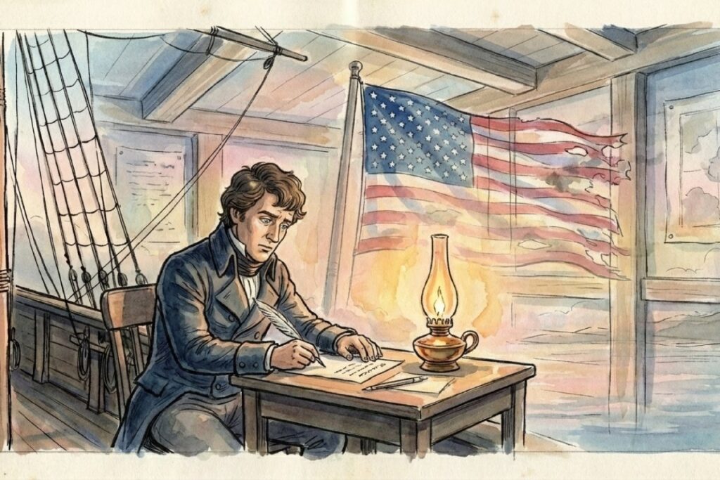 感動冷めやらぬ船室で星条旗の詩（後のアメリカ国歌）を執筆するフランシス・スコット・キー