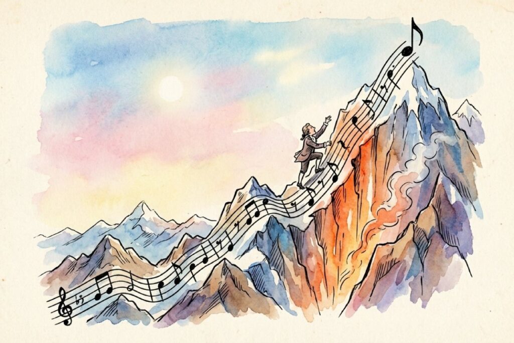 アメリカ国歌の音域の広さと歌唱難易度の高さを急な山登りに例えたイメージ図