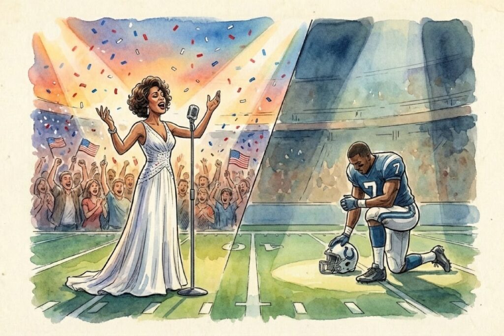 スーパーボウルでの国歌斉唱パフォーマンスとNFL選手による膝つき抗議の様子を対比させたイラスト