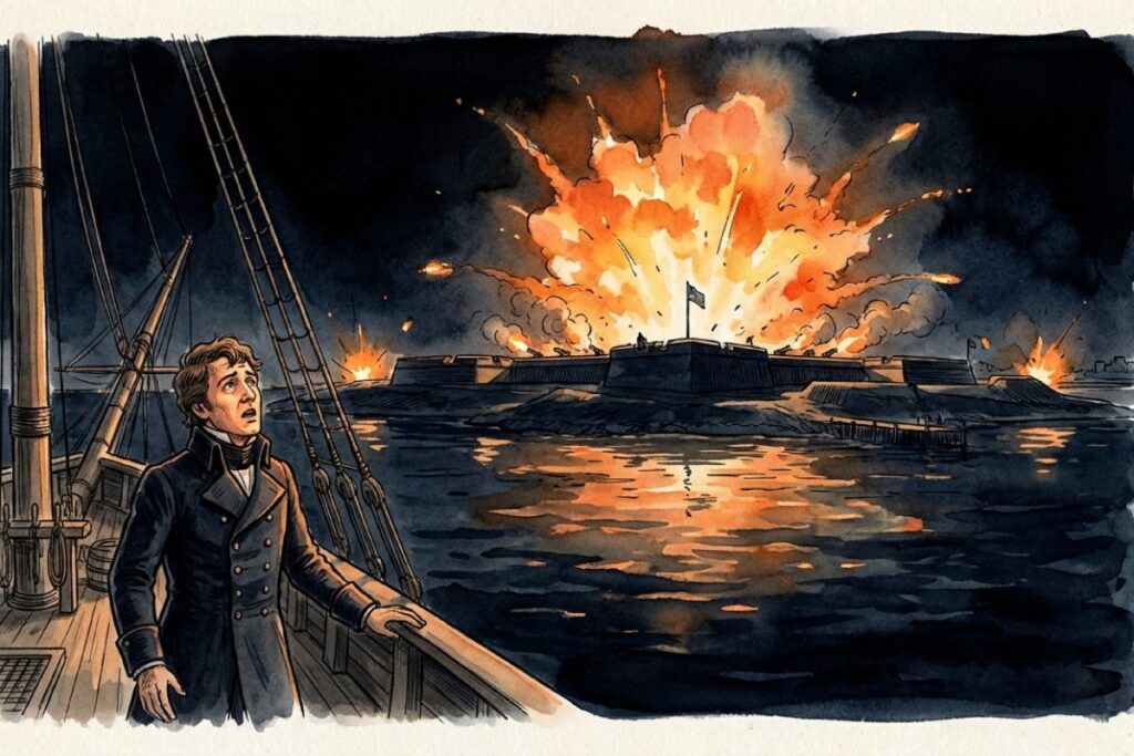 アメリカ国歌の舞台となったマクヘンリー要塞への激しい夜間砲撃と爆発の様子を描いたイラスト