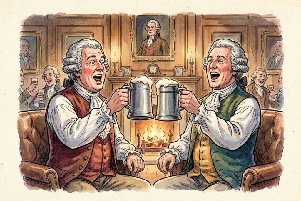 アメリカ国歌の原曲となった18世紀イギリスの酒飲み歌『天国のアナクレオンへ』を歌う紳士たちのイラスト