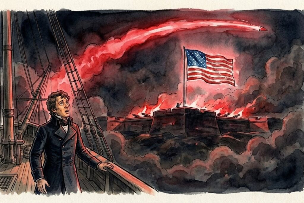 アメリカ国歌の歌詞にある「ロケットの赤い閃光」と空中で弾ける爆弾が星条旗を照らす劇的な描写