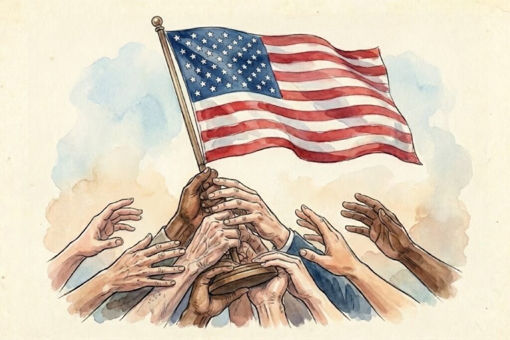 星条旗を支える多様な人種の手とアメリカ社会の団結や議論を象徴するイラスト