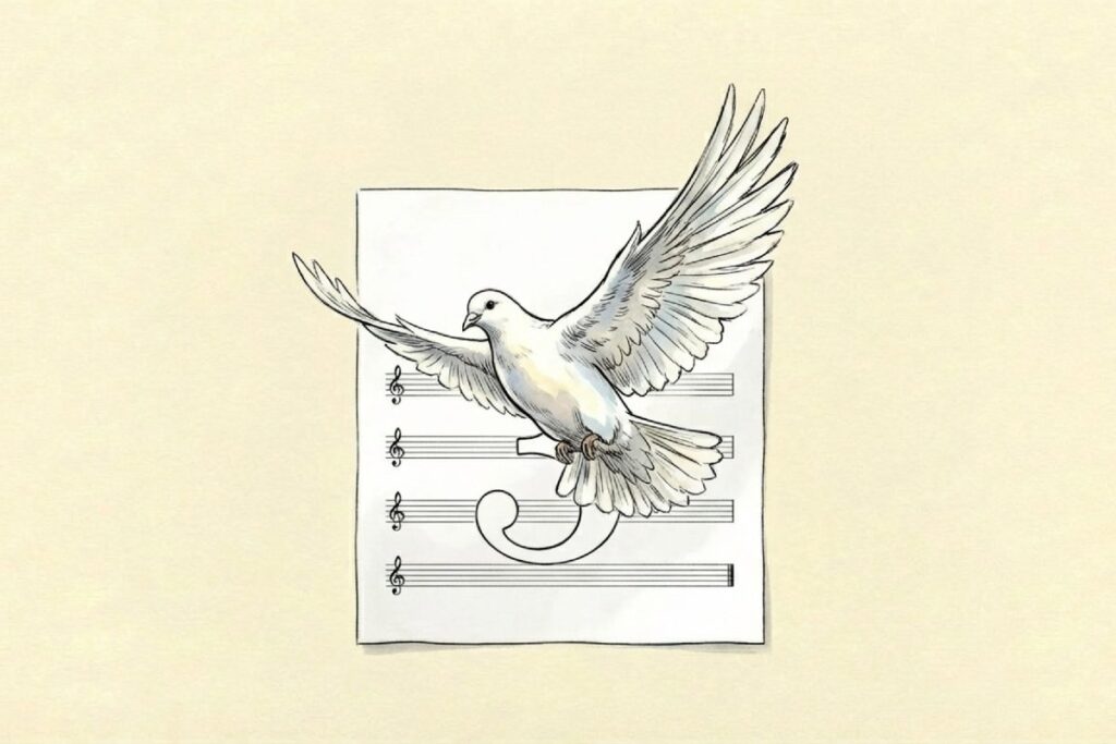 楽譜の紙の中央を白い鳩が羽を広げて羽ばたき、五線の前に大きな数字の3が置かれている。公式国歌の第3番が統一と正義と自由を掲げ、平和へ向けた言葉を読むための静かな図。