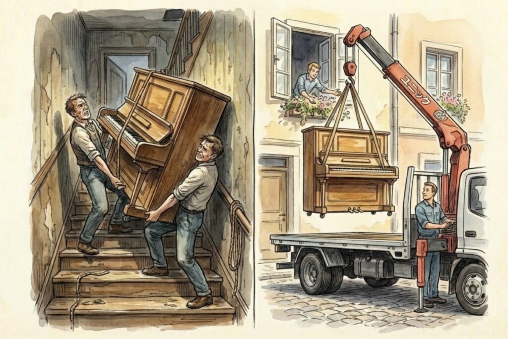 階段で持ち上げる作業と、クレーン車で吊り上げて搬入する作業が並ぶイラスト。運送費用が作業方法で変わる点が伝わる場面