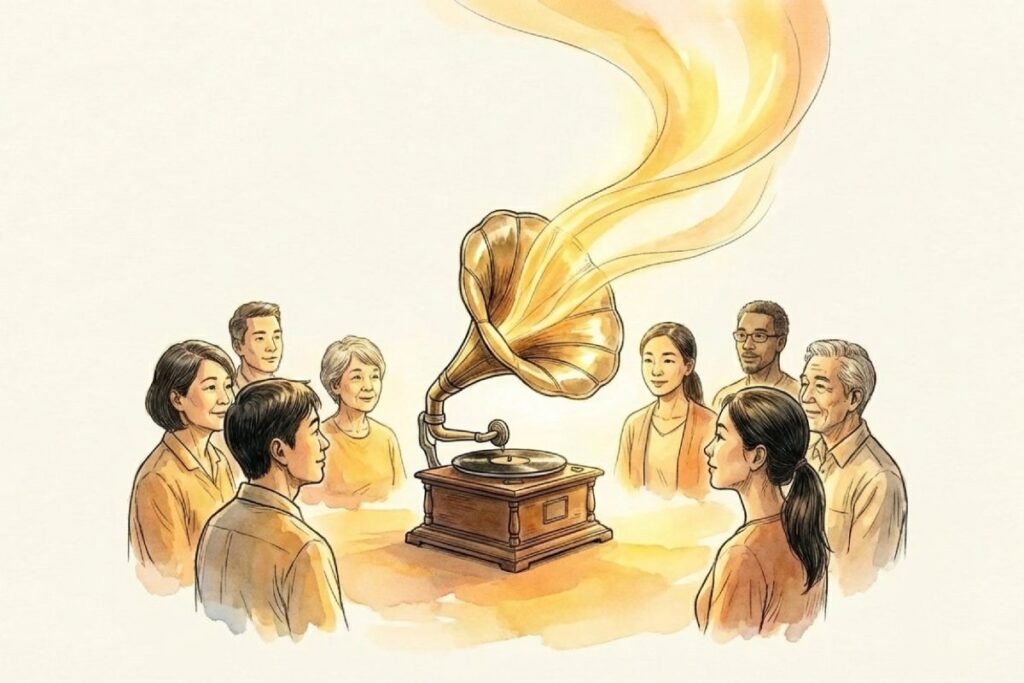 蓄音機を囲んで年代の異なる人々が向き合い、ラッパから柔らかな光の煙が立ち上っている。歌詞は怖くないという最終結論として、第3番を通じた平和的な受け止め方のまとめ。