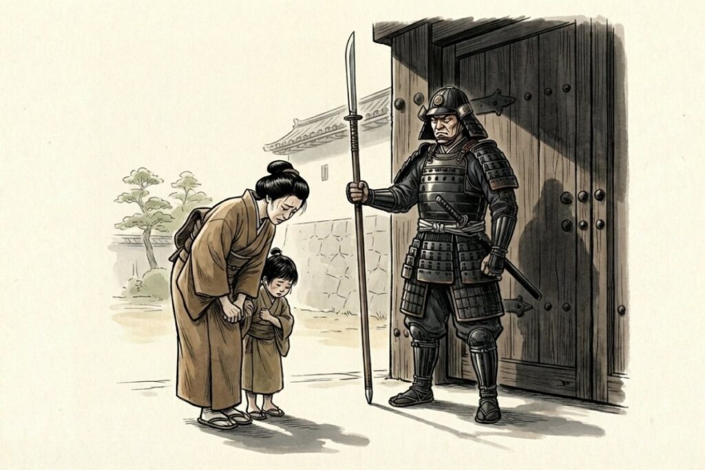 厳しい表情の関所の門番に対し、通行を願い出る母と子のイラスト。御用のないもの通しゃせぬという歌詞の歴史的背景