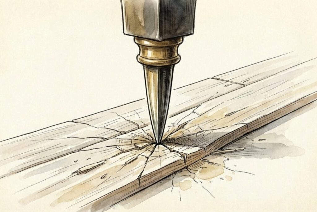 床板に一点の力が加わり、木材が割れて亀裂が広がる様子のクローズアップ。集中荷重で床に傷やへこみが起きる懸念を表現する図