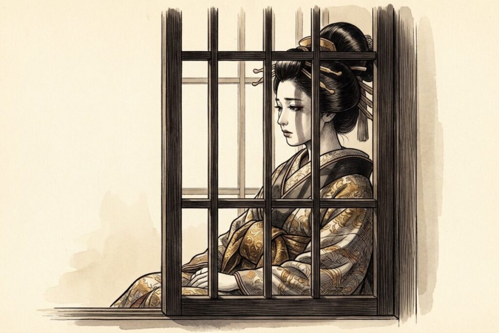かごめかごめの遊女説 遊郭の格子窓と悲しげな女性