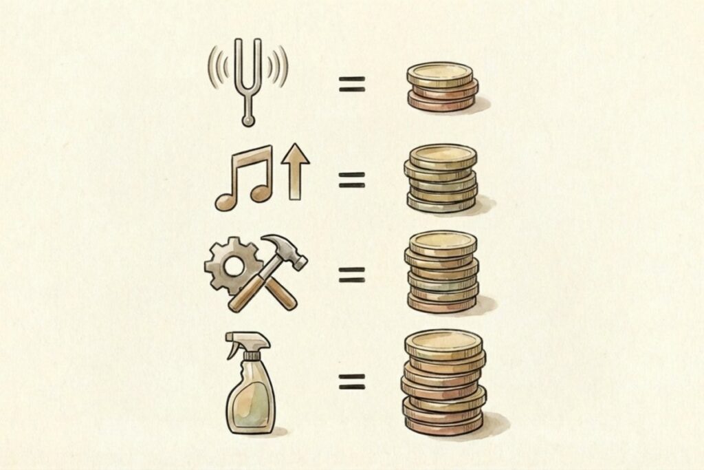 音叉・音符・工具・スプレーのアイコンが縦に並び、右側の硬貨の山が段階的に高くなる図。調律の値段内訳に加え、ピッチ上げや部品交換・清掃で総額が変わる工程別の比較図