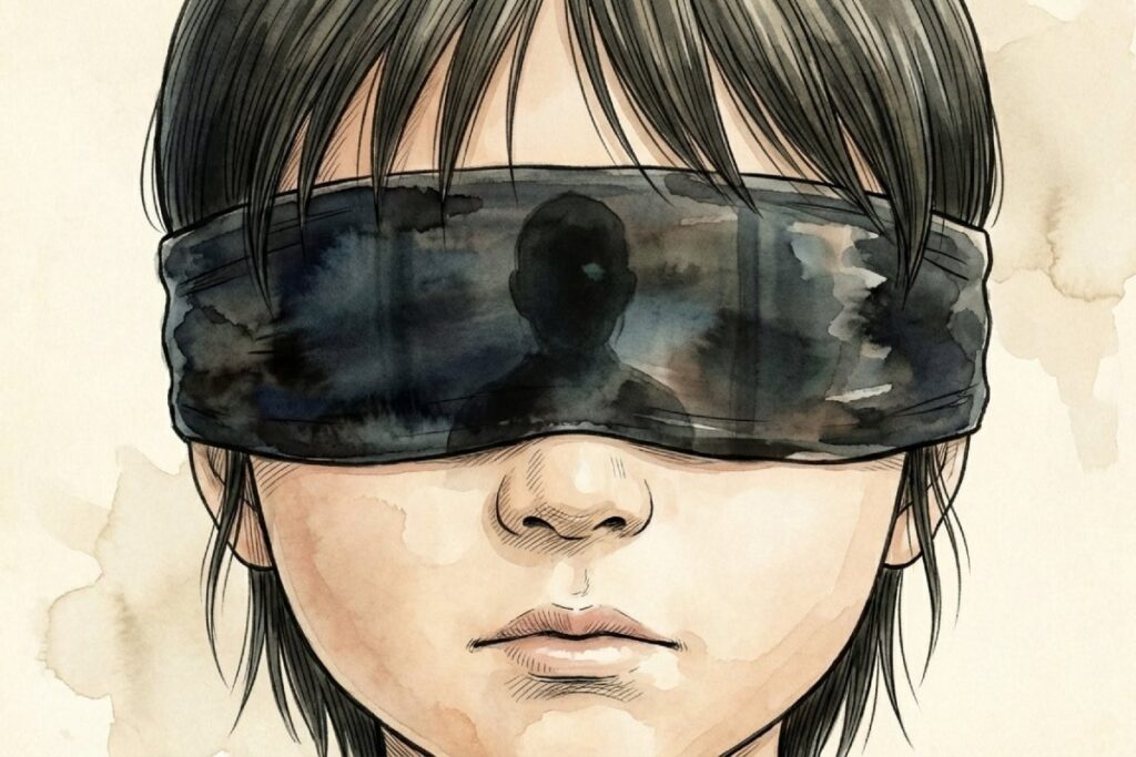 かごめかごめを題材にしたホラー映画やアニメの恐怖演出イメージ