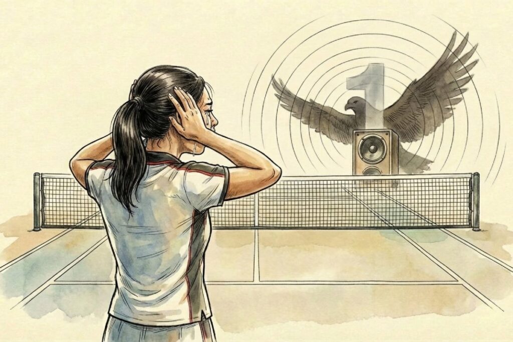 テニスコートで選手が耳を押さえ、ネット越しにスピーカーから波紋が広がり、背後に鷲と数字1が重なる。誤斉唱や放送事故で第1番が流れた騒動と、会場のざわめきの描写。