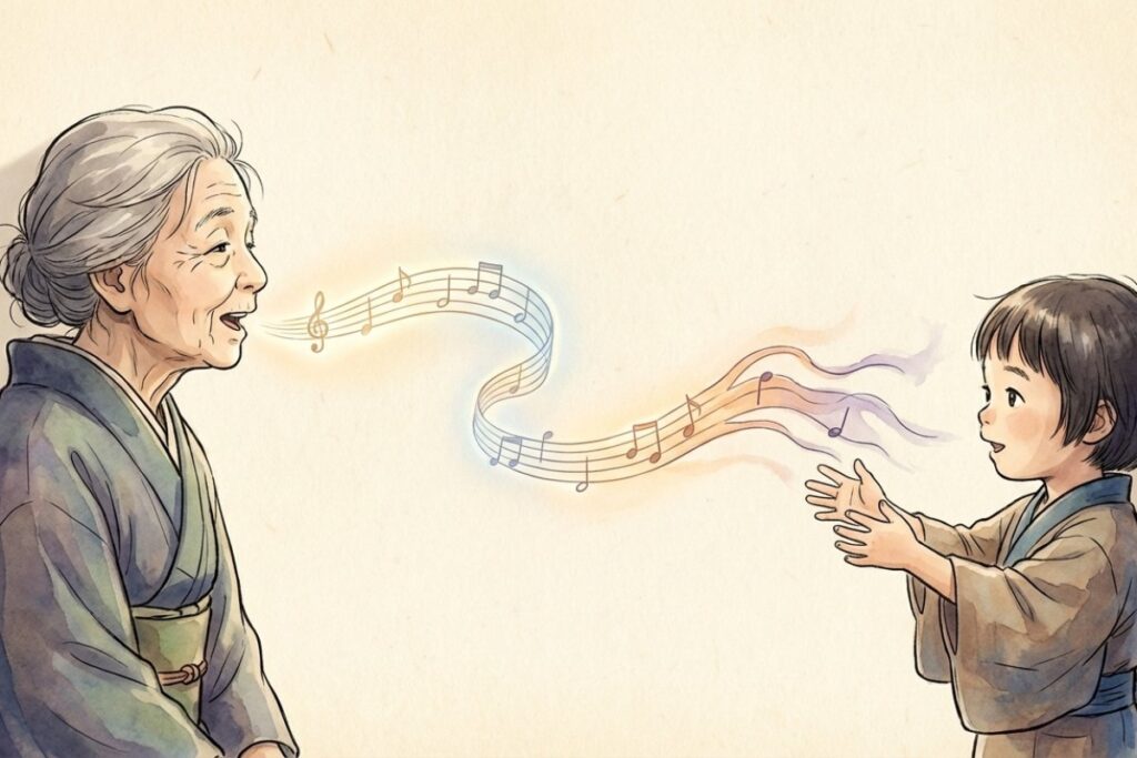 口伝えで童歌を子供に教えるおばあちゃんと、歌が音符として伝わっていく様子のイラスト