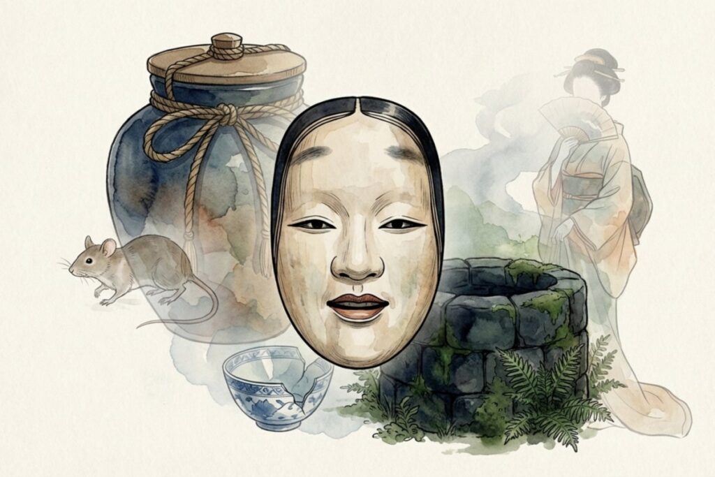 ずいずいずっころばしの怖い都市伝説を象徴する茶壺・能面・井戸のイメージ