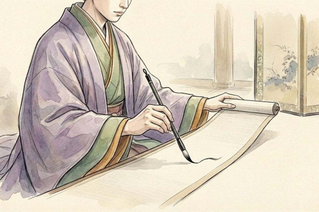 平安時代の貴族が筆を執り古今和歌集の和歌（君が代の原歌）を記す様子のイラスト