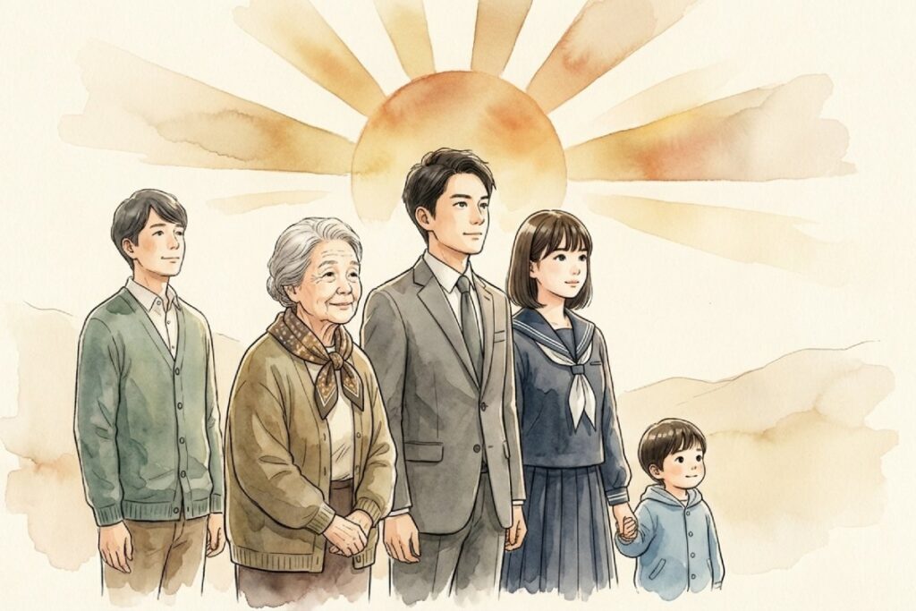 日本の夜明けと未来を見つめる多世代の家族と昇る朝日のイラスト