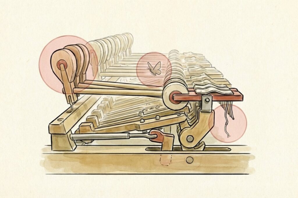 ピアノのアクション機構を横から見た図で、レバーやピン周辺が赤い円で強調されている。鍵盤が戻らないスティックや虫食いなど、内部故障の修理・部品交換を整理した断面図