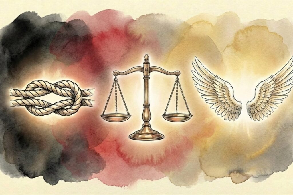 黒と赤のにじみの背景に、左に結び目の縄、中央に天秤、右に羽が横一列に並び、要素ごとに距離が取られている。現代に残るタブー事例と、国歌第3番の統一・正義・自由を併せて整理する構成。