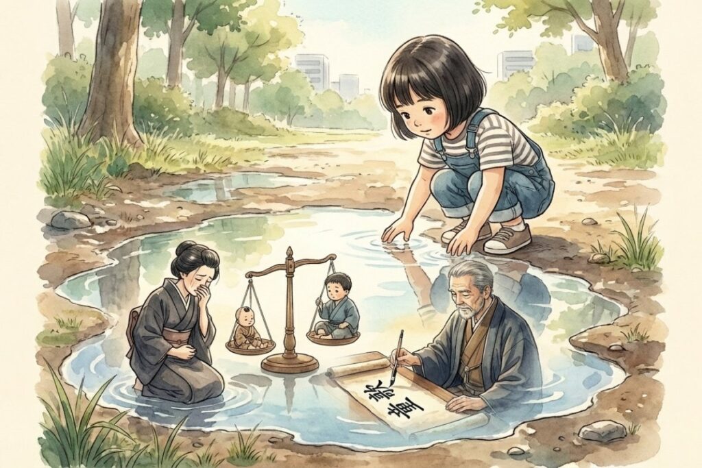 童歌で遊ぶ子供、嘆く母親、記録する学者など、童歌の持つ多面的な要素を一枚にまとめた総括イラスト