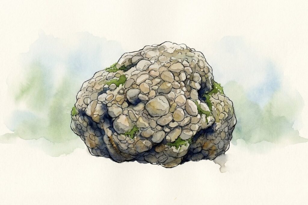 岐阜県揖斐川町春日にある天然記念物のさざれ石（石灰質角礫岩）と苔むす巨岩のイラスト
