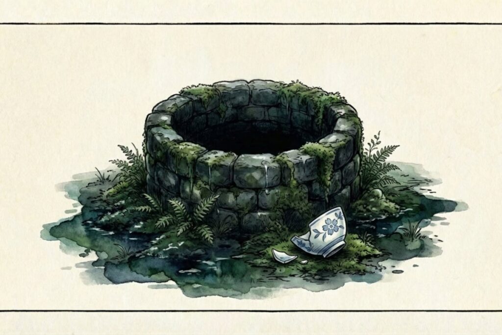 歌詞にある「井戸のまわりでお茶碗欠いた」という悲劇的な伝説を描いた古井戸と割れた茶碗