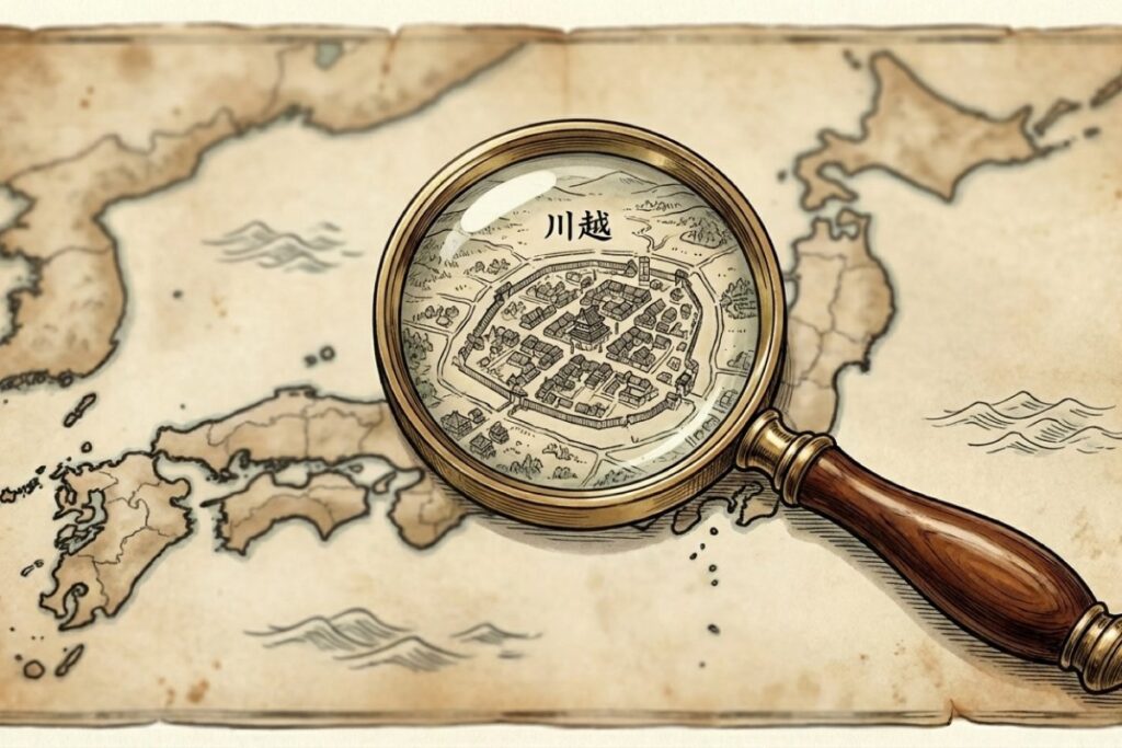 古地図上の川越城を虫眼鏡でクローズアップしたイラスト。通りゃんせ発祥の地とされる川越市三芳野神社の場所を示す