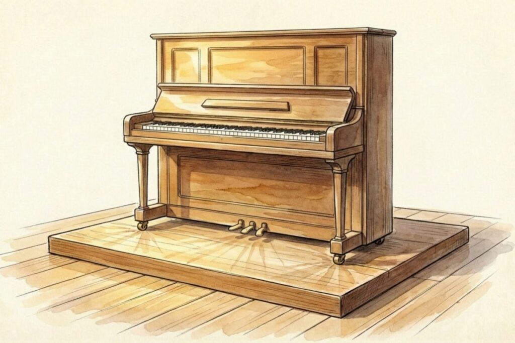 アップライトピアノが厚い敷板の上に置かれ、床と接地面が広がる様子のイラスト。賃貸での床保護として荷重分散を考える場面向き