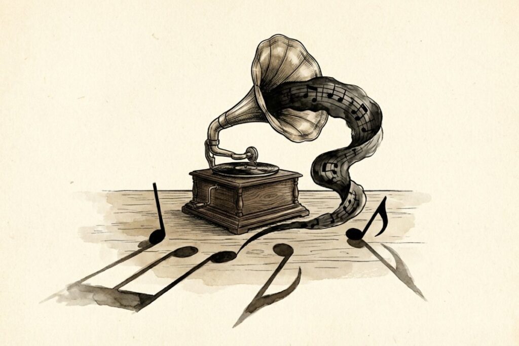 蓄音機のラッパから楽譜の帯が流れ出し、床に散った音符が濃い影を落として長く伸びている。ハイドンの旋律が重厚に響き、心臓に迫る威圧感として受け取られる印象の説明。