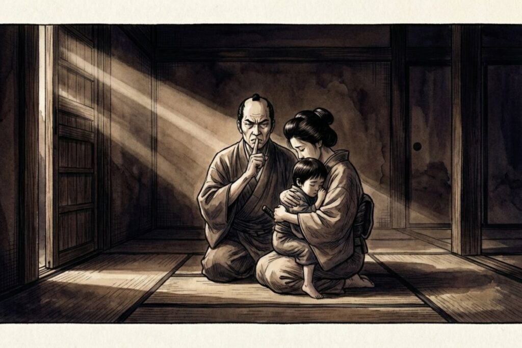 お茶壺道中の恐怖から逃れるため戸締まりをして家の中に隠れる江戸時代の家族